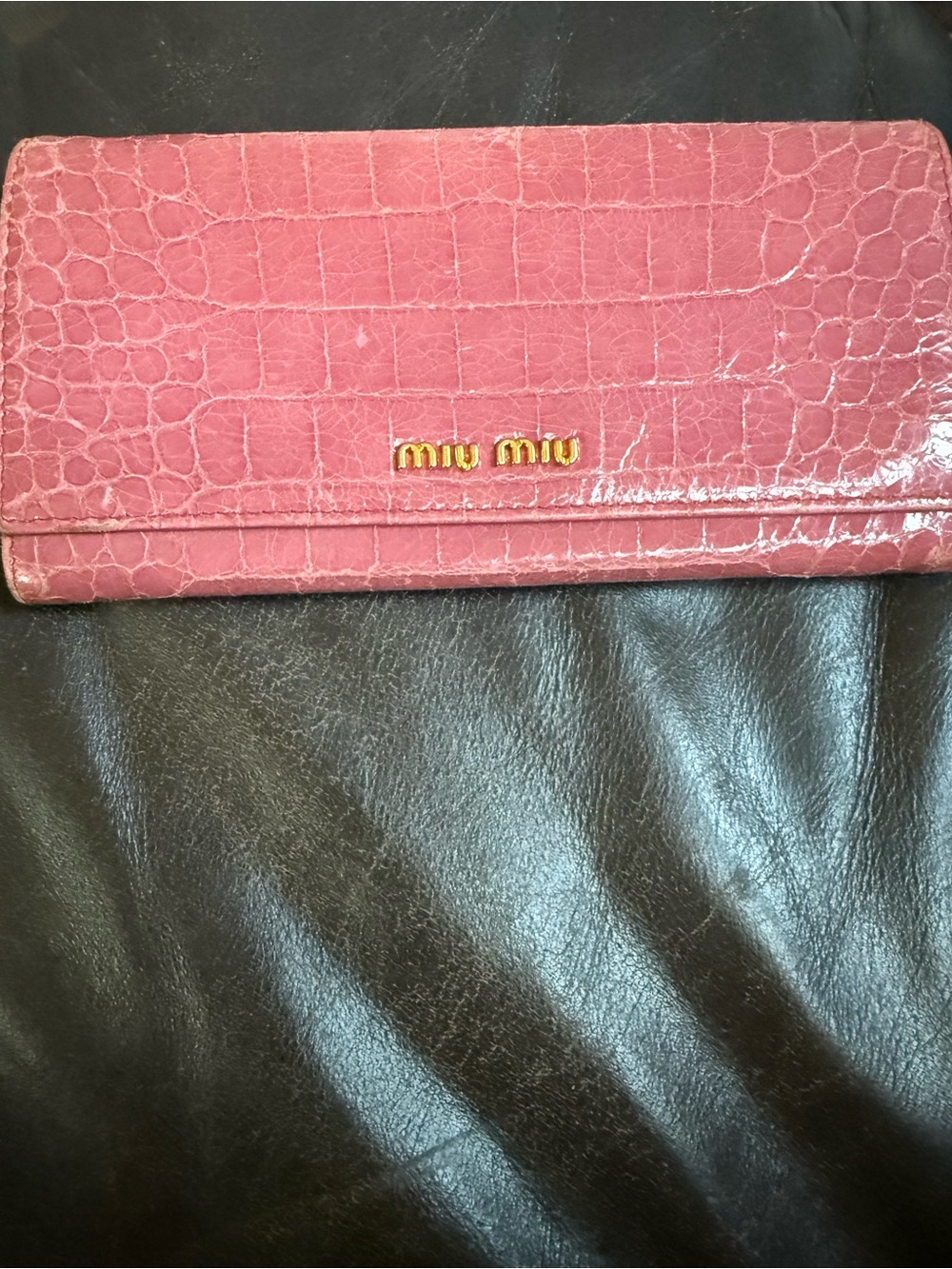 Miu Miu Glossy Croc-Embossed Pink Continental Wallet